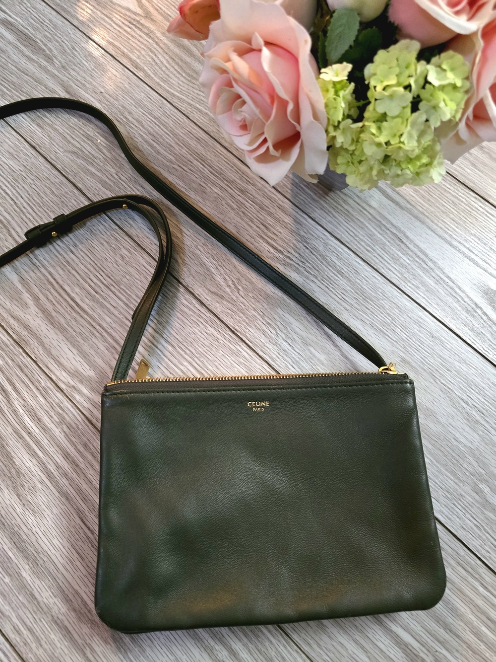 Celine Trio Crossbody Bag Olive Green Leather Gold Hardware